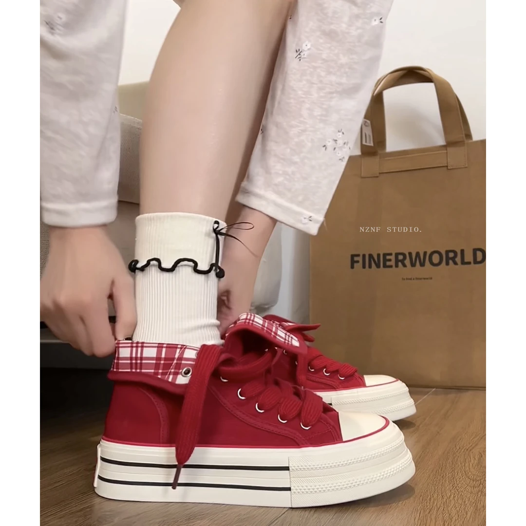 爆款红色复古厚底高帮帆布鞋女款2025新款秋季增高百搭休闲板鞋子