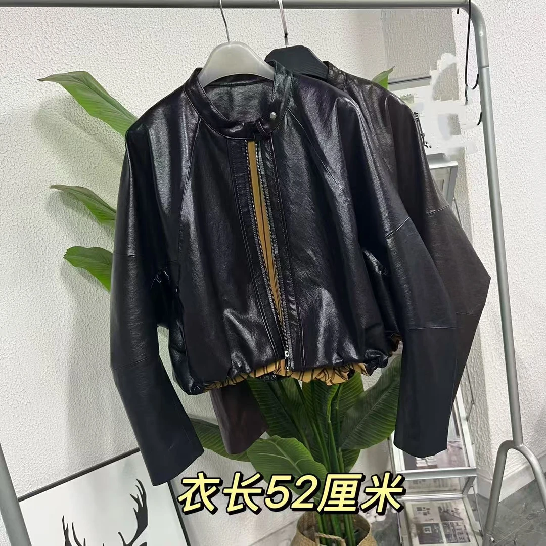 蝙蝠袖圆领复古港风短款极简风皮衣