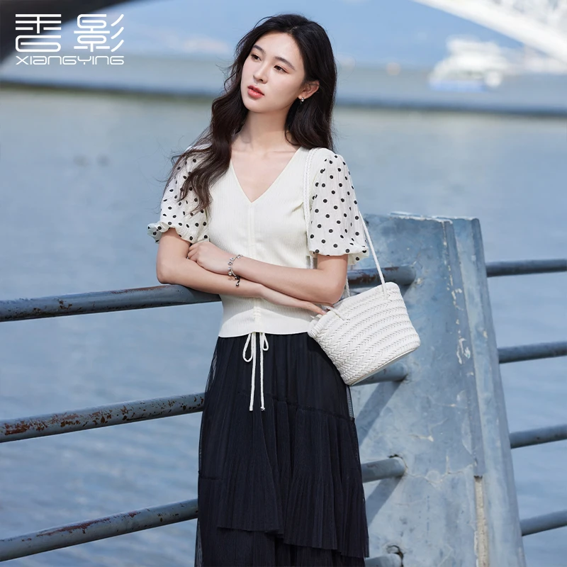 【粉丝专享  】M85S183毛针织衫 香影泡泡袖v领针织衫上衣女夏装