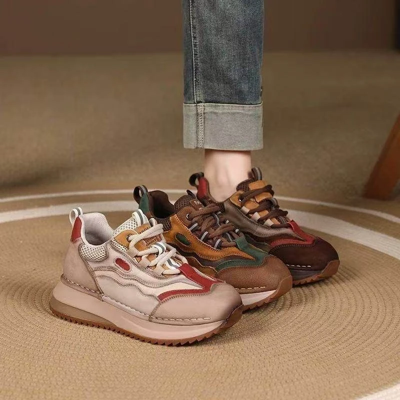 2025秋季新款厚底真皮复古百搭休闲鞋撞色软底阿甘鞋女