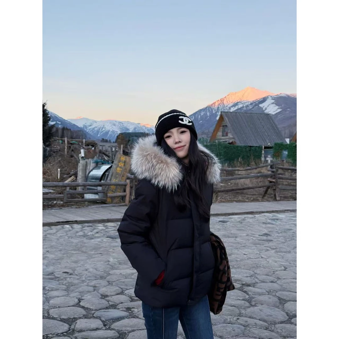 48h【小蛮腰羽绒】加长新国标90绒冬季短款修身毛领羽绒服外套25315