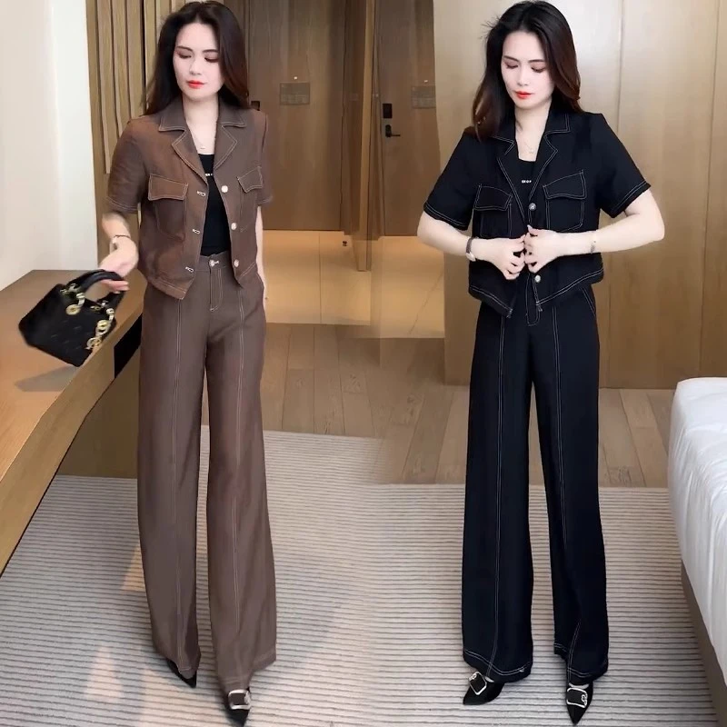 时尚休闲短袖套装女2025夏季新款洋气显瘦减龄短外套阔腿裤两件套