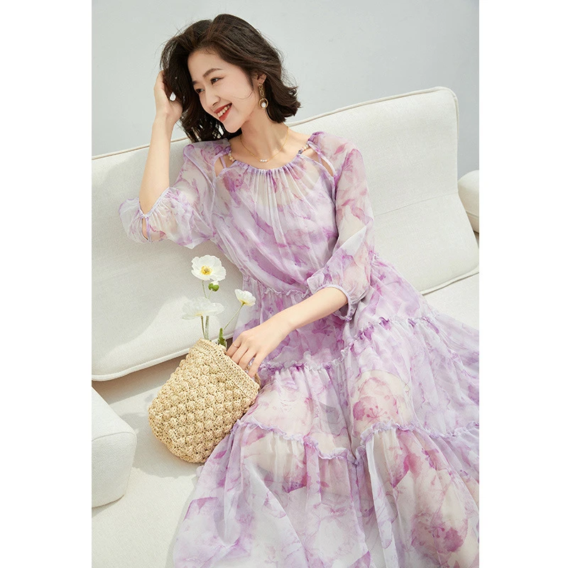 夏季真丝连衣裙优雅气质紫色花桑蚕丝高腰显瘦长裙