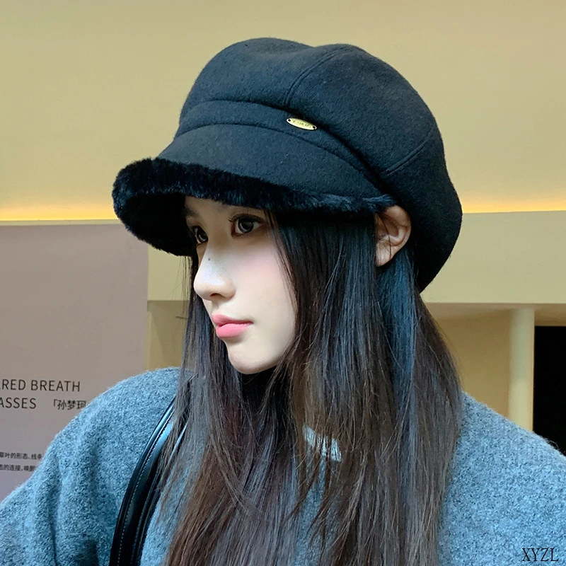 毛绒百搭八角帽秋冬防风保暖防寒八角帽大头围显脸小时尚百搭绒帽
