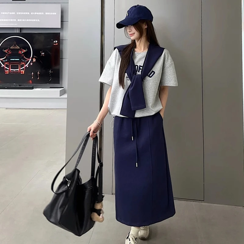 原创设计披肩字母短袖T恤高腰半身长裙两件套装女2025年夏季新款