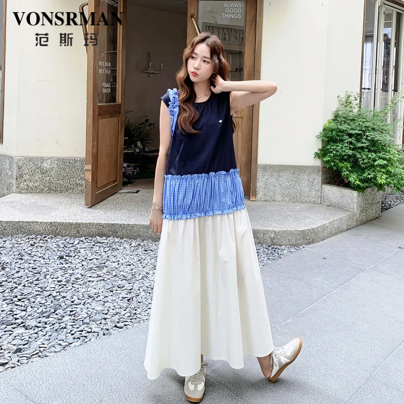 撞色拼接无袖连衣裙女夏季2025新款法式气质减龄宽松显瘦背心长裙