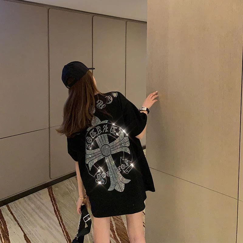 欧美潮牌重工烫钻短袖女个性十字花半袖中长款上衣大码boy男友t恤