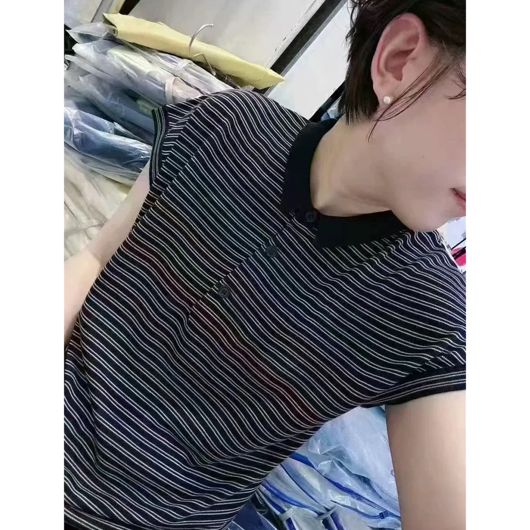B1046【线下同款】莱赛尔~高定！夏季飞飞袖POLO领条纹女针织衫