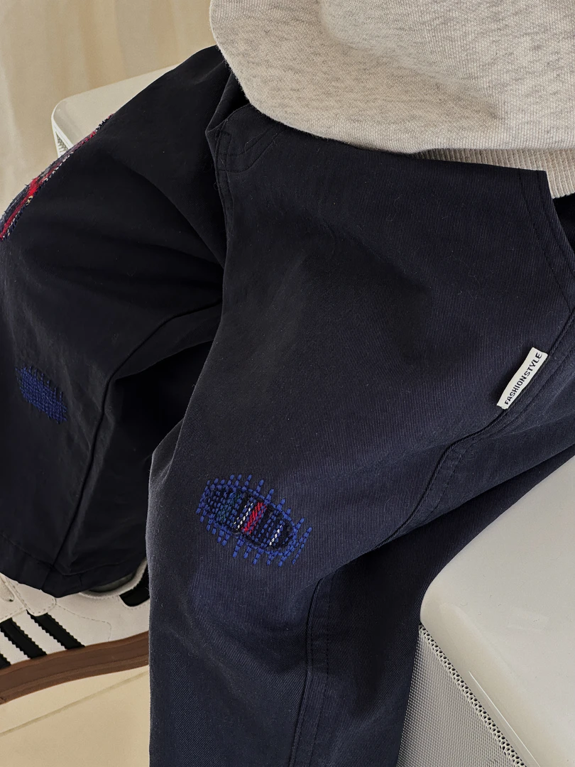 现货~2025春【格纹补丁】 100%纯棉~男女童日系直筒百搭长裤CZ5C15