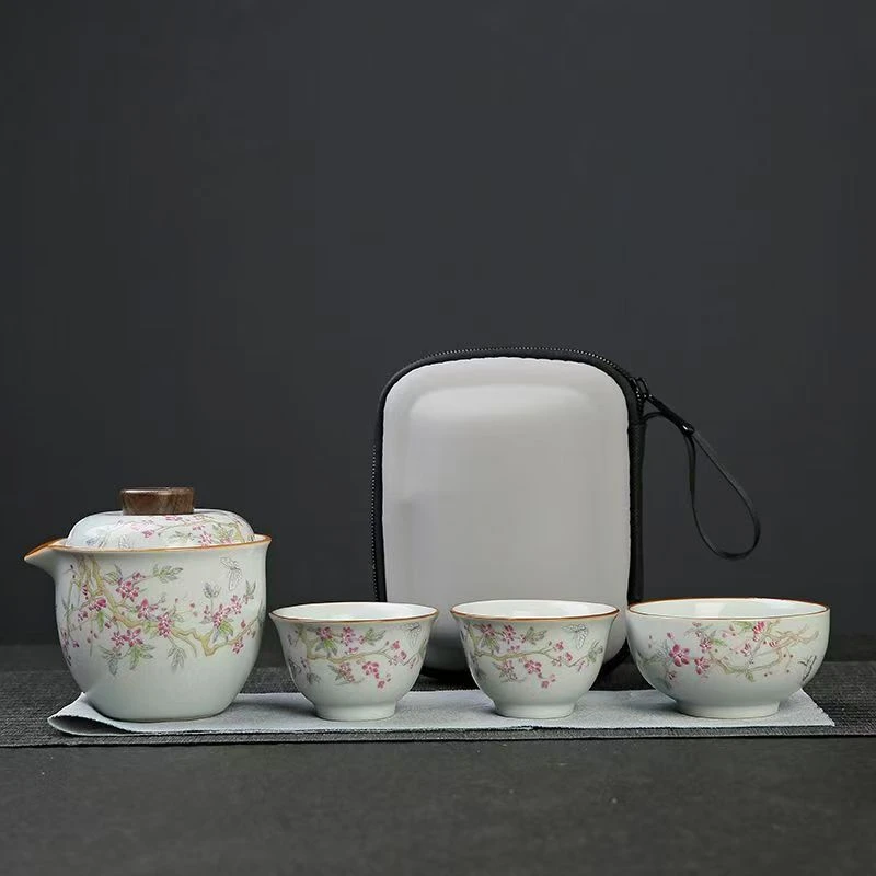 AA175汝窑桃花一壶四杯旅行茶具