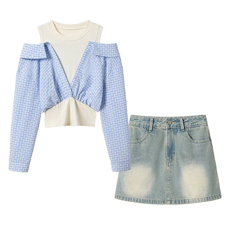 春日辣妹蓝色 织物猪原创 蓝色格子撞色拼接圆领露肩衬衫上衣短裙