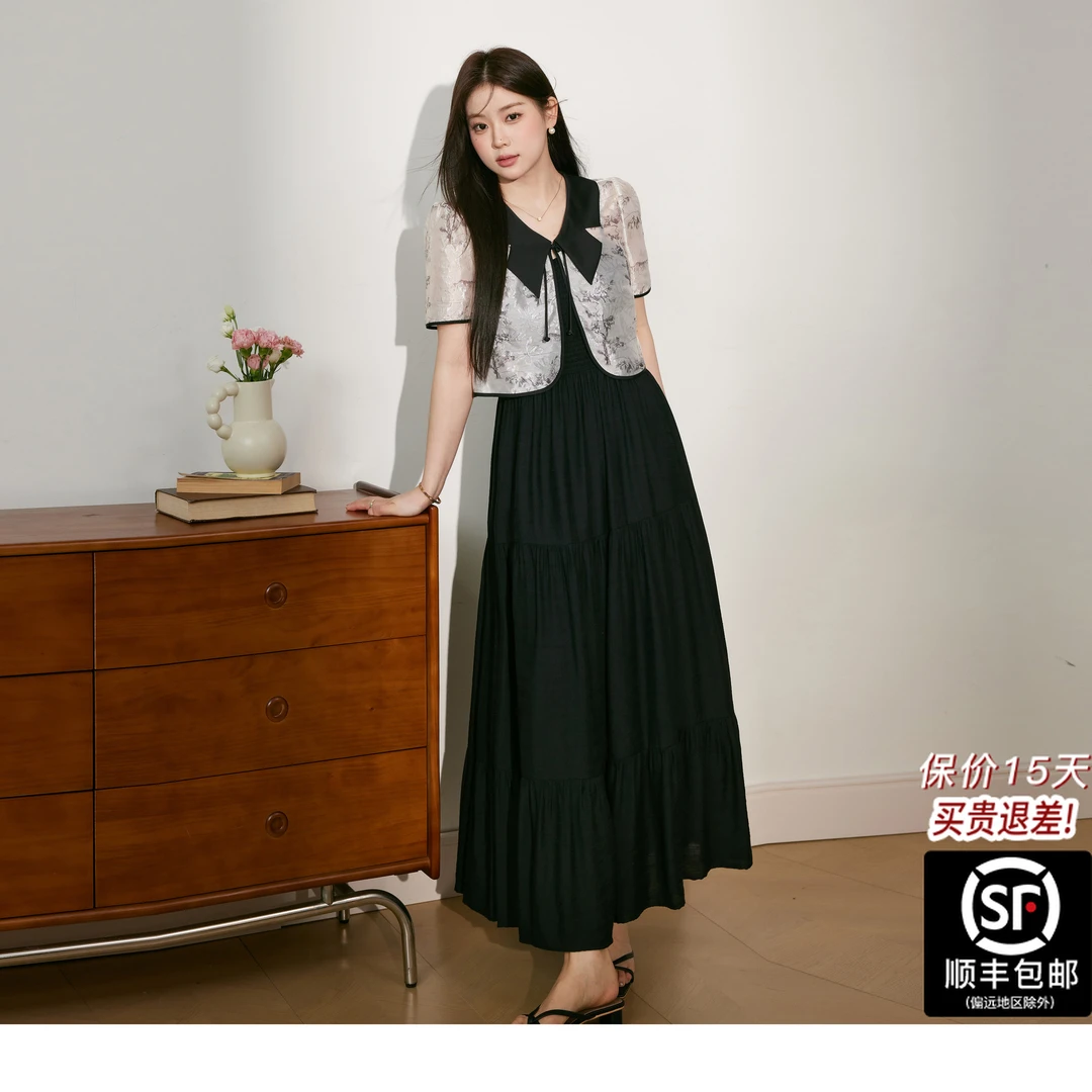 蓝语大码女装气质黑色吊带连衣裙新中式上衣夏季今年流行显瘦套装