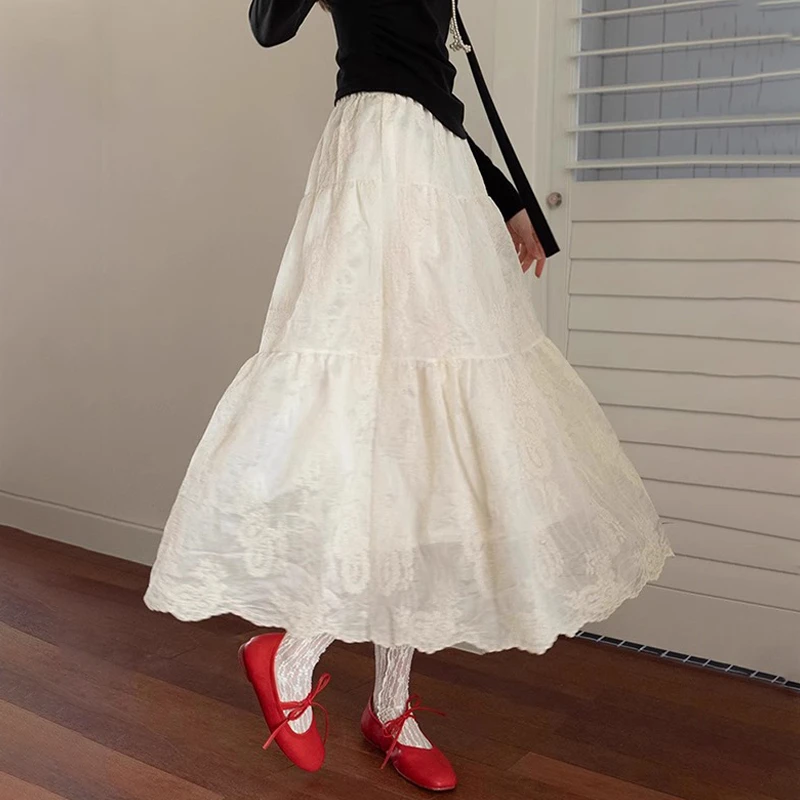 蕾丝高腰显瘦大码半身裙女夏薄款梨形身材遮胯百搭拼接中长款伞裙