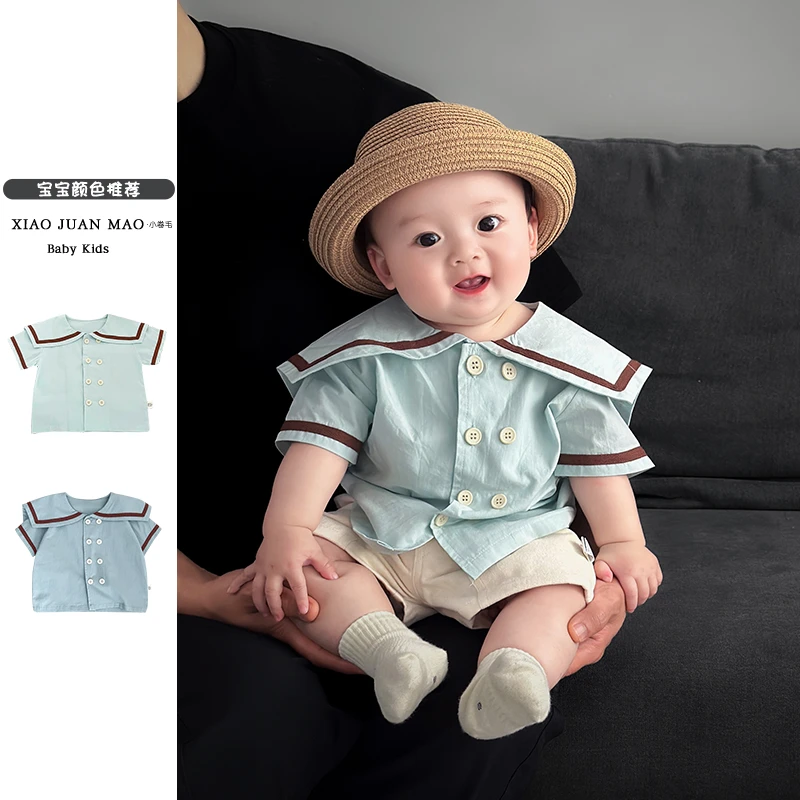 T25X118夏季新款学院风海军领时尚帅气婴幼儿宝宝短袖双排扣上衣