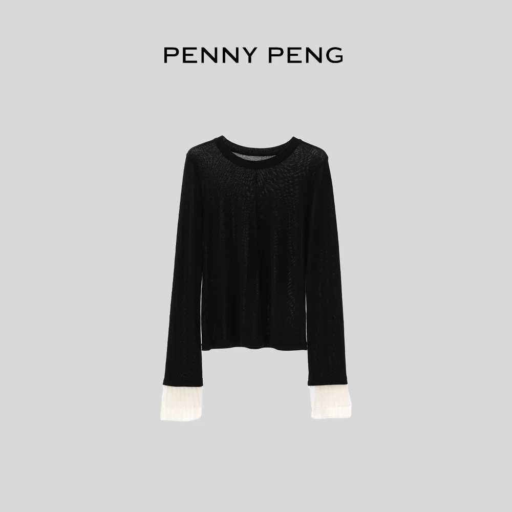 PENNYPENG空白文档春季时尚设计显瘦黑色圆领百搭羊毛长袖上衣