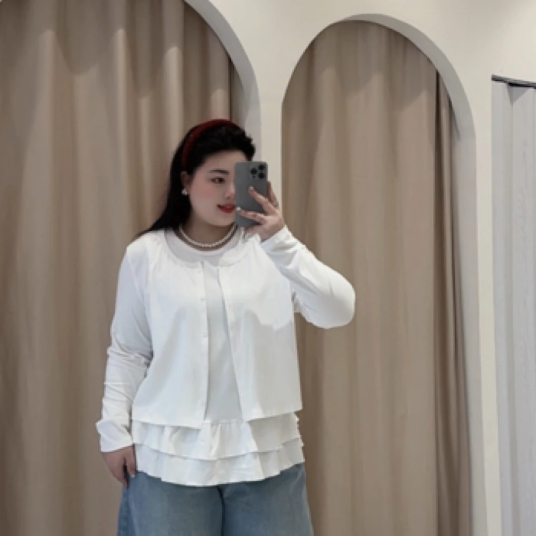 文文家春季新款大码花边开衫两件套7738