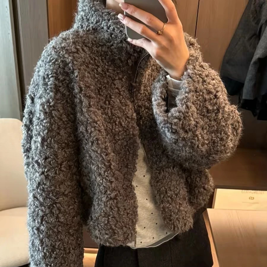 2558气质立领领口抽绳拉链款卷毛皮毛外套