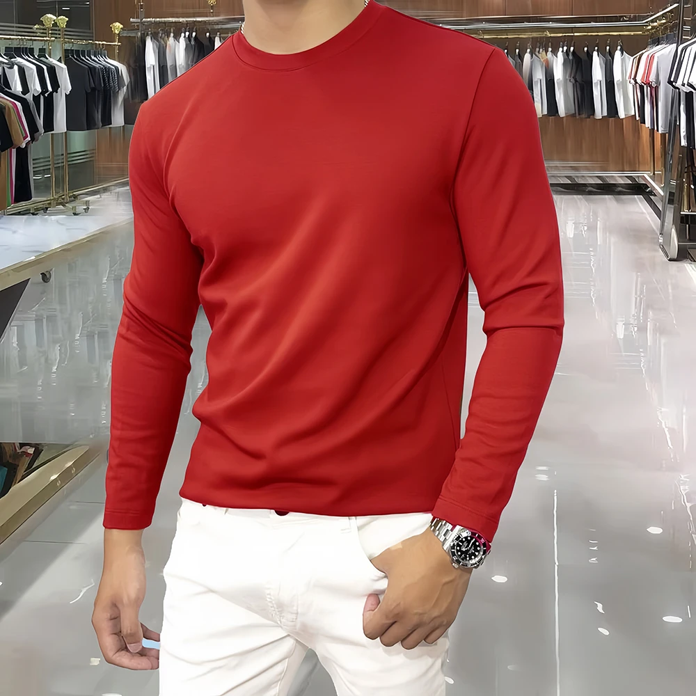 轻奢男装高端简约抗皱丝滑长袖T恤男士秋季百搭磨毛修身打底衫T恤
