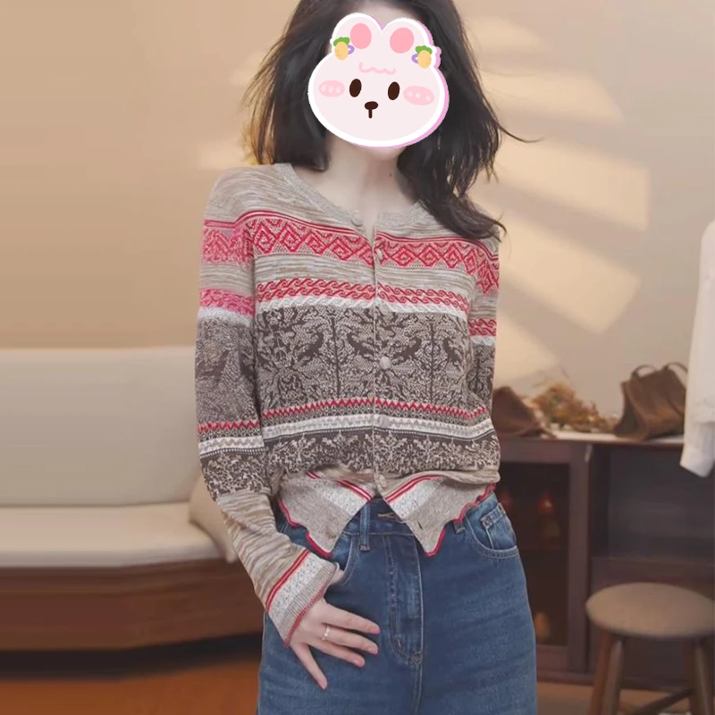 韩版百搭多色设计感撞色针织开衫女2025秋季新款休闲显瘦减龄上衣