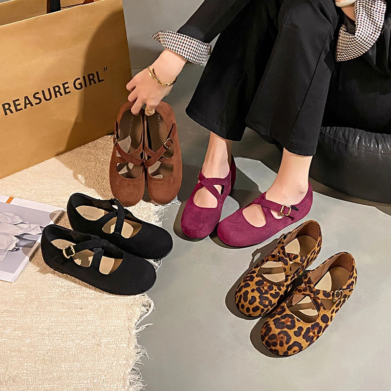 复古交叉扣带浅口单鞋女2025春季新款豹纹时尚晚晚鞋百搭玛丽珍鞋