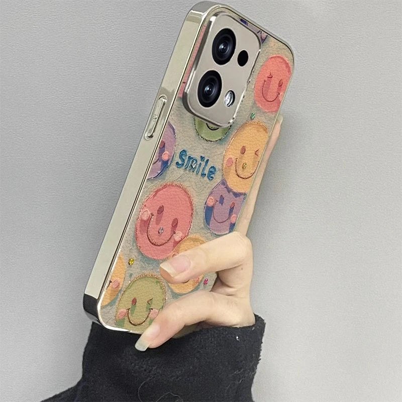 油画笑脸适用OPPOReno14手机壳reno13彩绘小羊皮reno12新款保护壳