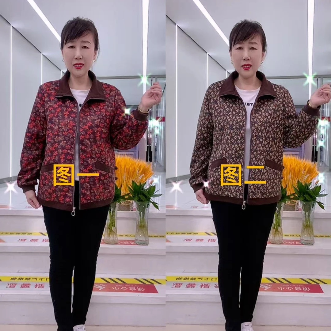 中老年春秋季洋气时尚短款碎花印花宽松外套妈妈装