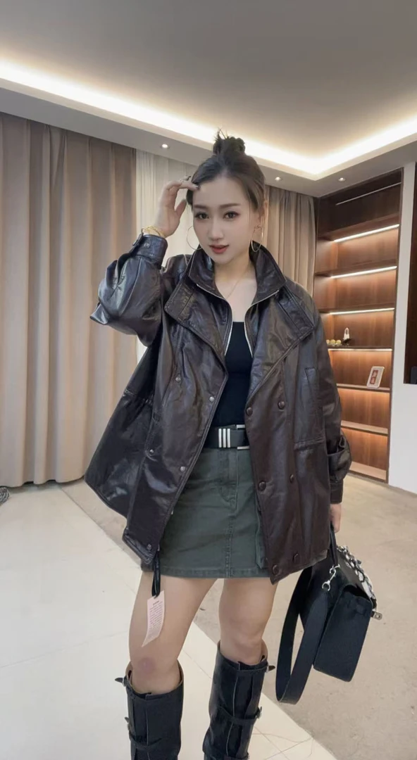 网红油腊长袖时尚女装翻领立领设计师百搭秋冬季皮衣街头风6559