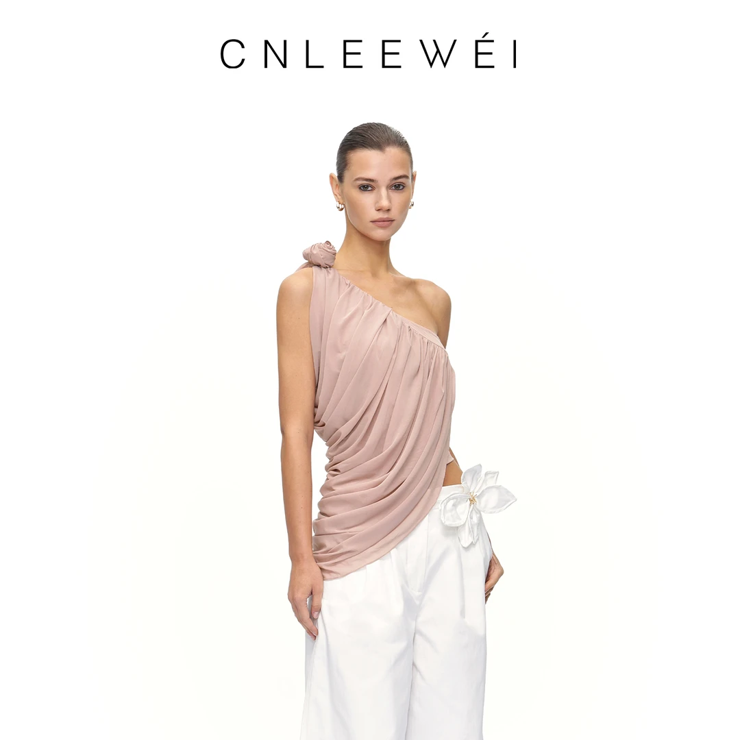 CNLEEWEI  25AW 荡量斜肩褶皱弹力上衣吊带纯欲风辣妹风背心