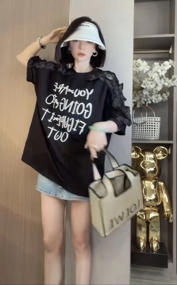 2508夏季蕾丝显瘦通勤中长款休闲3D宽松大版静奢风黑色印花T恤