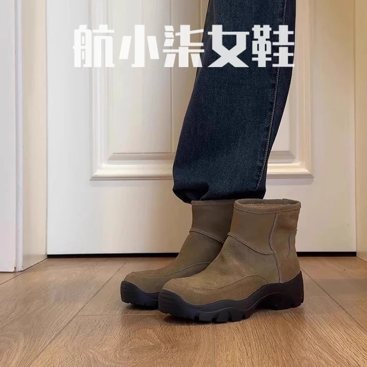 牛皮版~雪地靴厚底时尚气质保暖短筒时装靴女休闲复古风套筒弹力