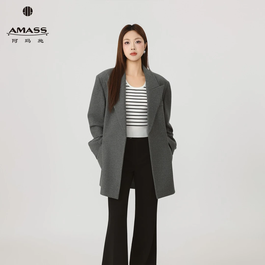 AMASS/阿玛施韩系ins慵懒感宽松廓形中长羊毛呢西装外套秋540094