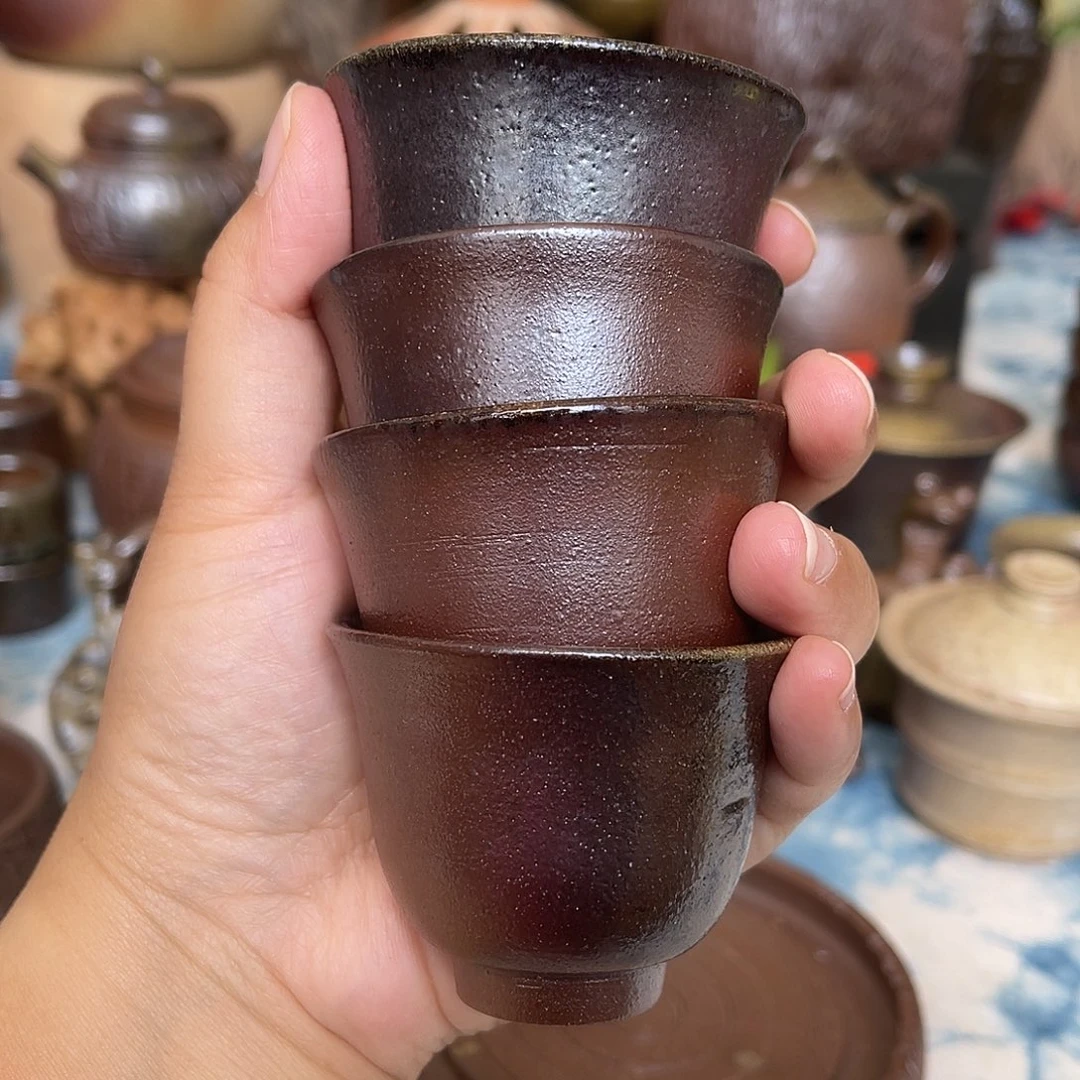 柴烧手拉胚茶杯4个