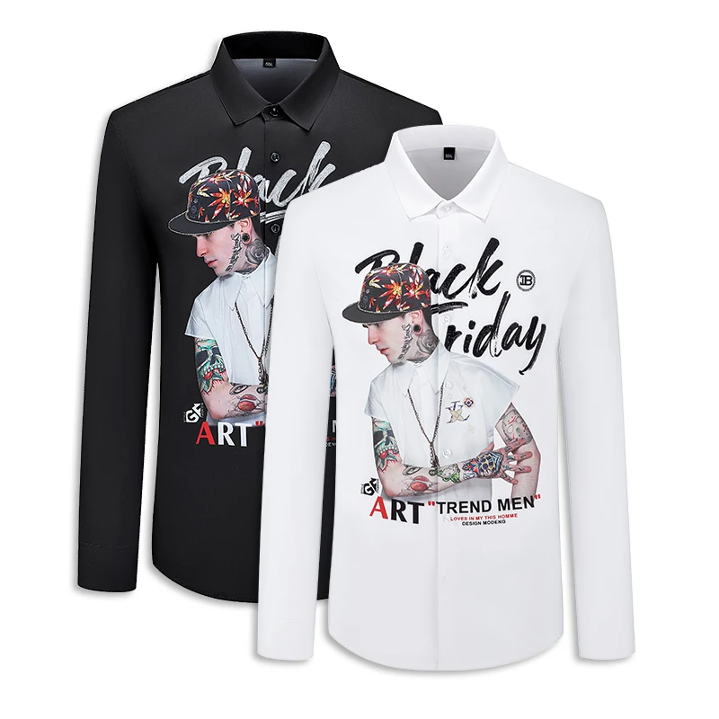 欧货印花烫钻男士衬衫高端潮流嘻哈痞帅修身休闲免烫抗皱长袖衬衣