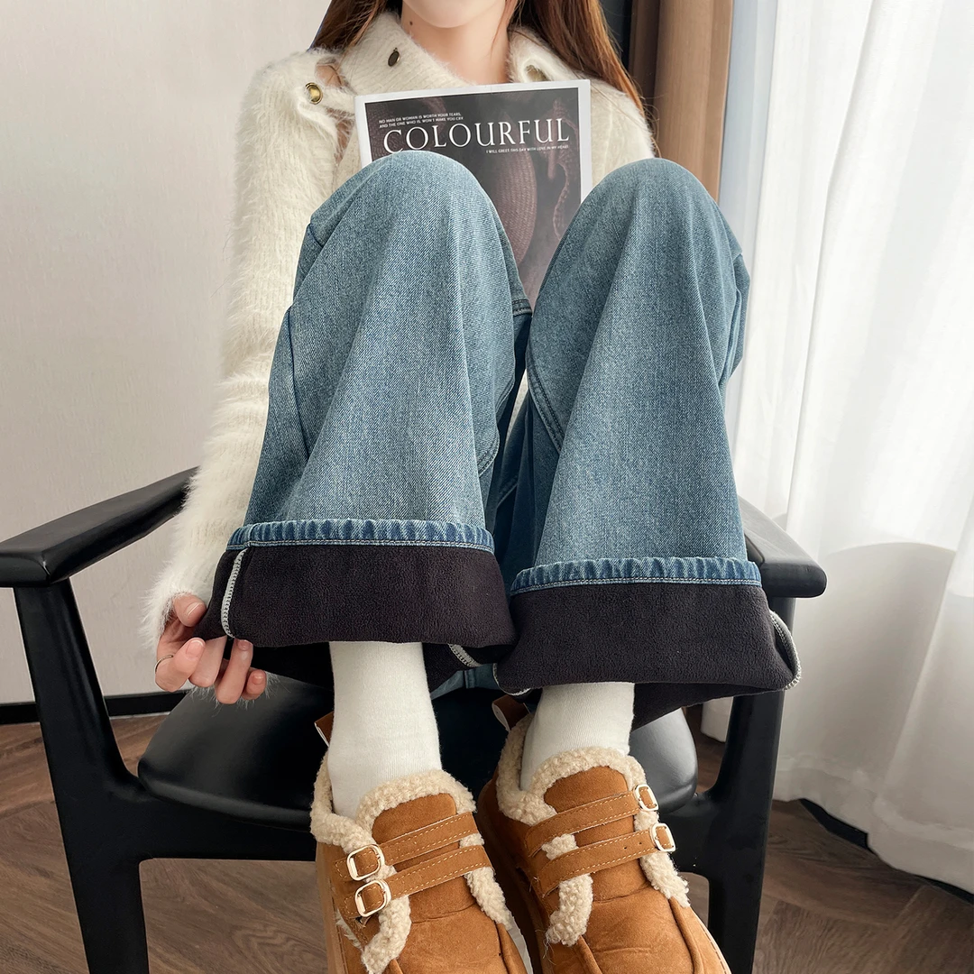 直筒牛仔裤女秋冬季加绒加厚2025新款高腰显瘦复古蓝窄版阔腿裤子