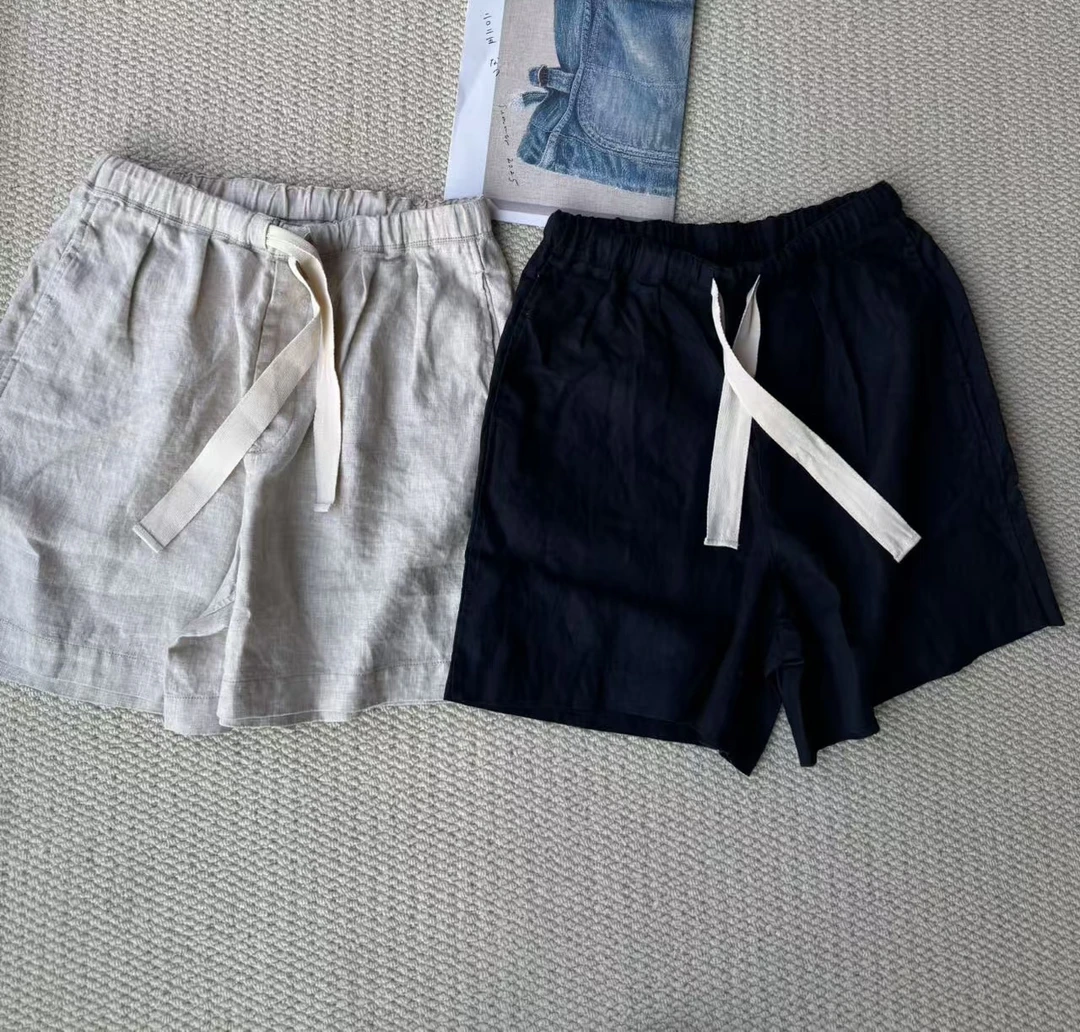 25新款纯色短裤B0023百搭纯麻拼接抽绳短裤通勤简约无弹力情侣