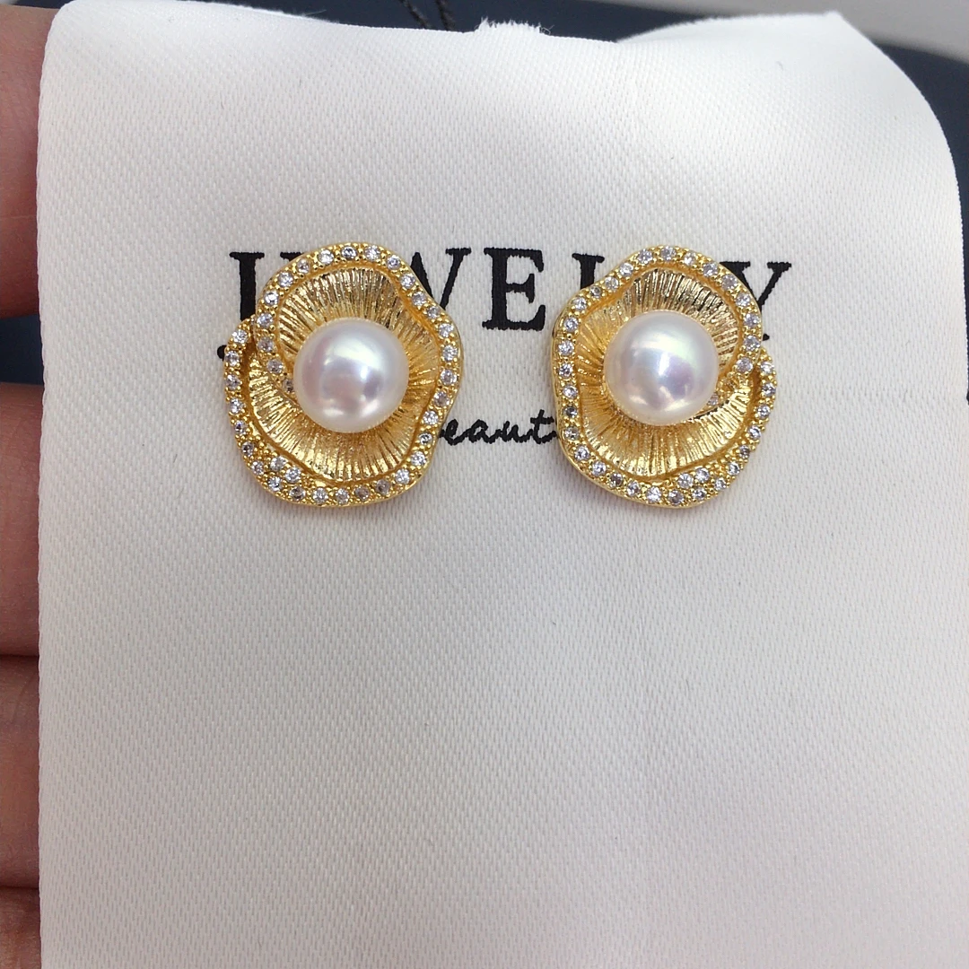 诸暨天然淡水无核珍珠耳钉优雅复古微镶荷叶边重工设计珍珠耳饰