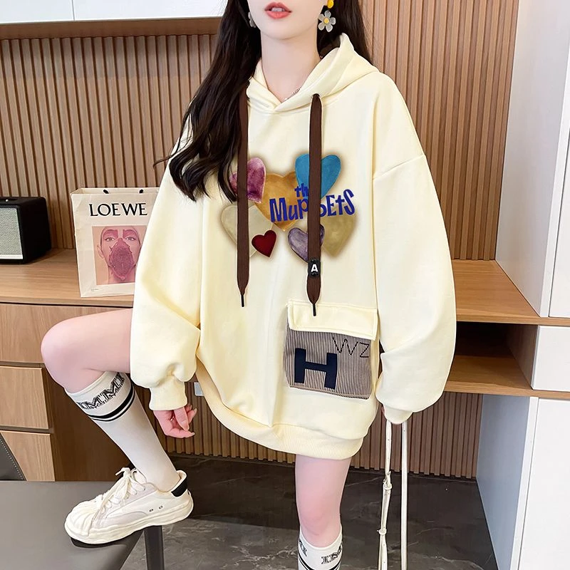 大码胖mm宽松连帽口袋卫衣女春秋中长款洋气减龄ins潮牌显瘦上衣