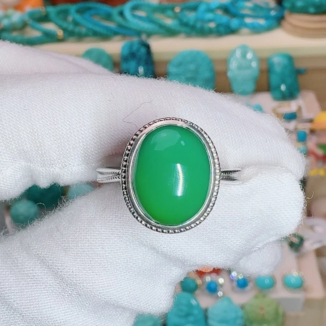 绿松石银S925镶嵌珠宝奇石饱满玉华绿戒指