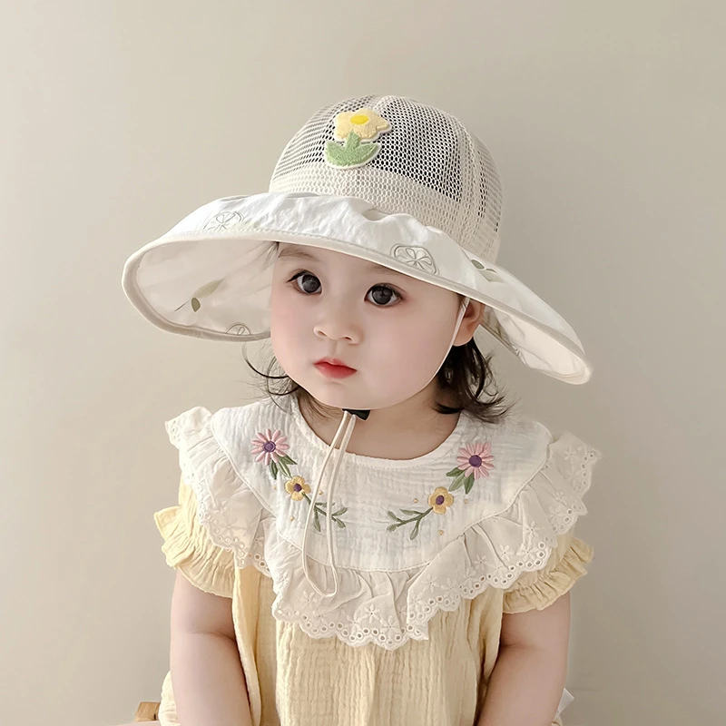儿童帽子夏季薄款透气网眼大帽檐遮阳防晒帽女宝宝甜美渔夫盆帽潮
