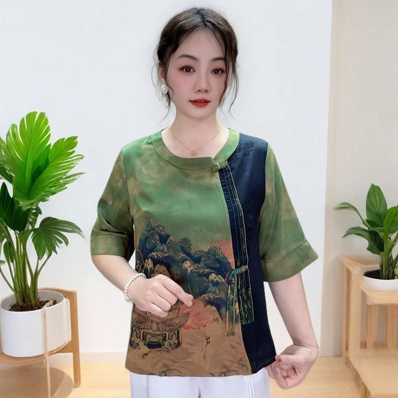 夏季新款中式妈妈装中国风上衣中老年复古妈妈衫定位花高档T恤衫