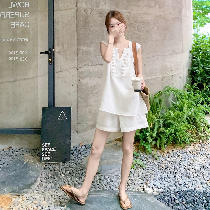 超好看白色花边阔腿夏季气质套装女2025显瘦小个子流行绝美两件套