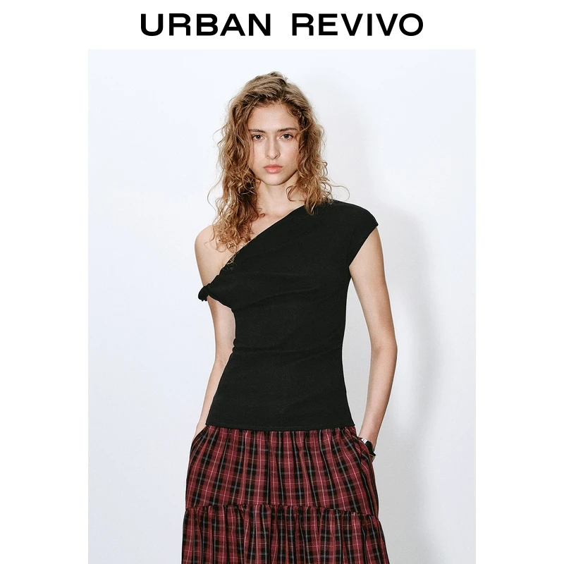 UR2025夏季新款女装都市气质百搭斜肩领褶皱收腰T恤UIS450019