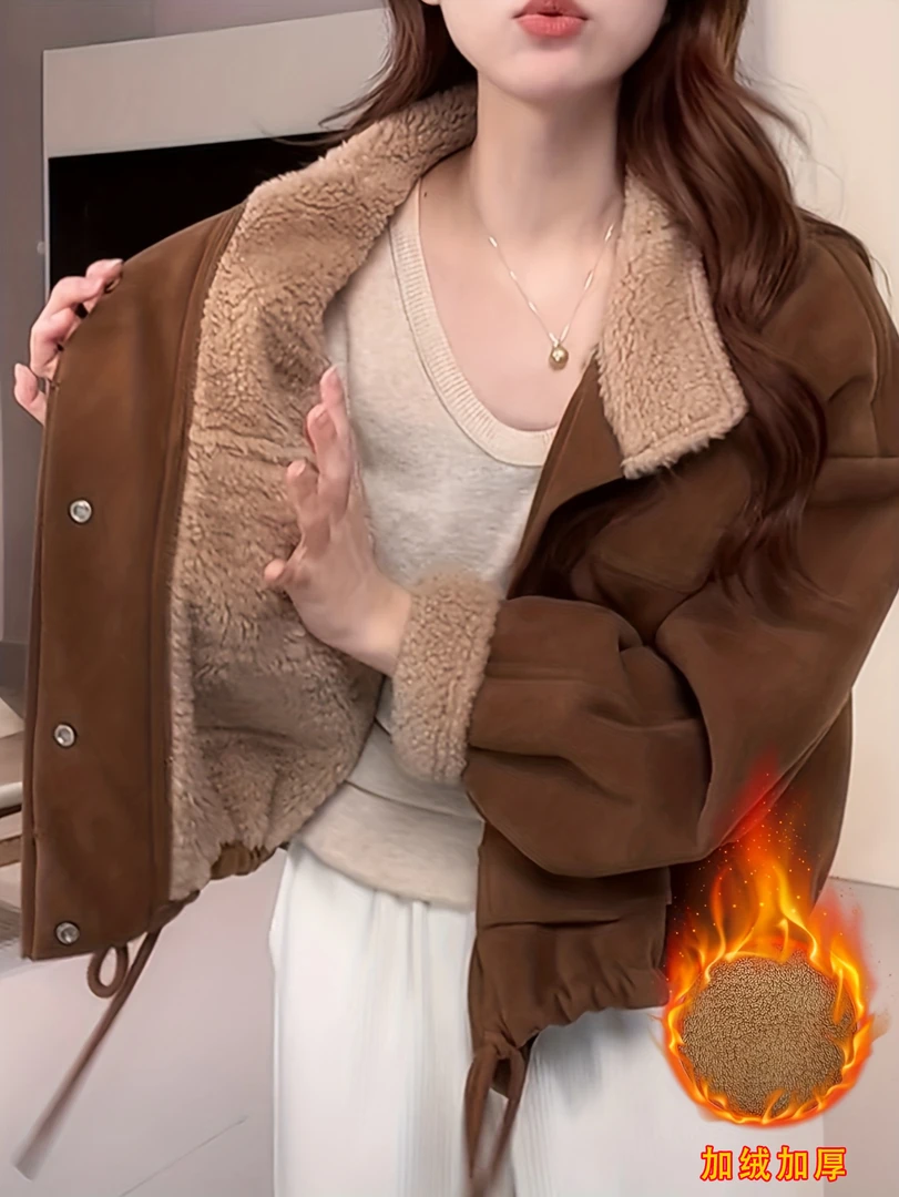 美拉德穿搭 复古加厚短款毛外套女小个子8047