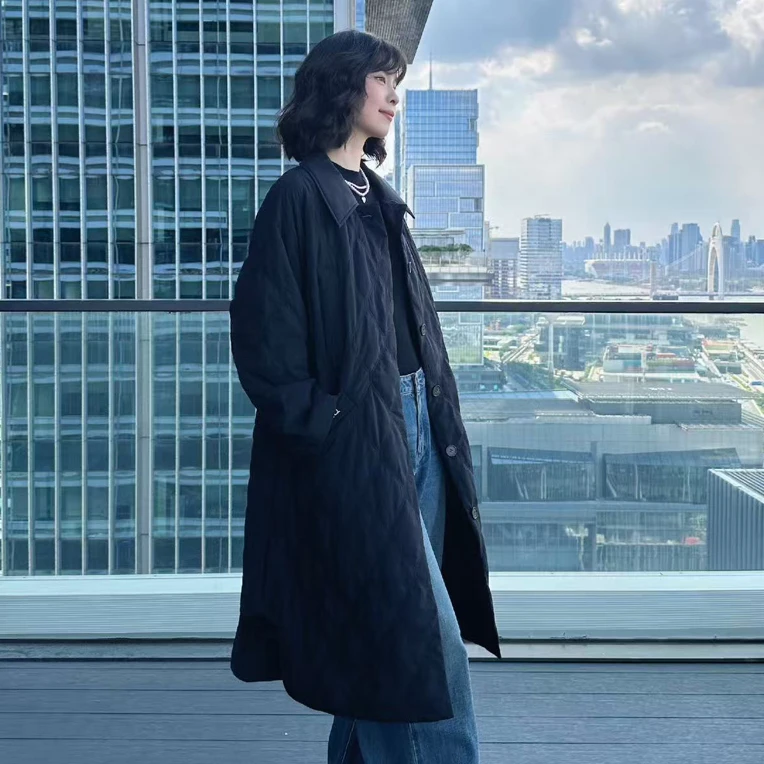 菱形格纹长款棉服