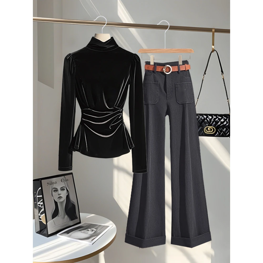 女装阔腿法式轻奢感气质黑色丝绒衬衫上衣小个子百搭休闲裤套装女