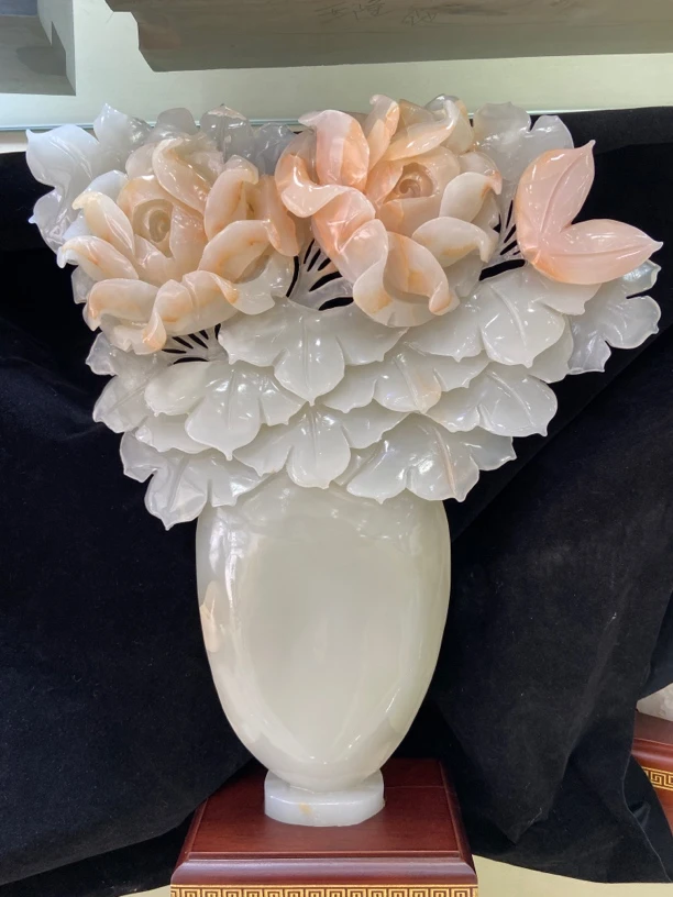 纯天然玉石工艺品花开富贵，送礼佳品中式精美立体花瓶莲花荷花