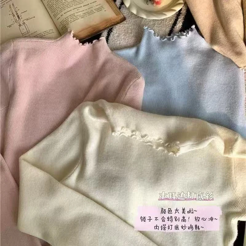 晚古欧 简约纯色半高领木耳边超软高弹力修身显瘦打底毛衣