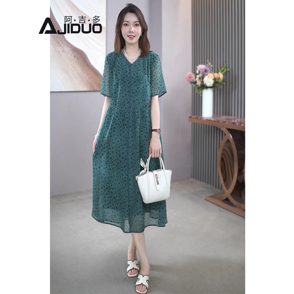 气质优雅碎花短袖连衣裙女夏季新款妈妈装宽松大码显瘦裙子A32111