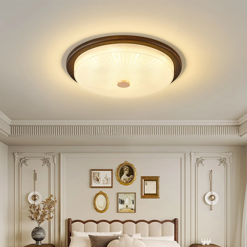 卧室灯胡桃木吸顶灯实木中古风复古圆形天花房间主卧中山灯具家用