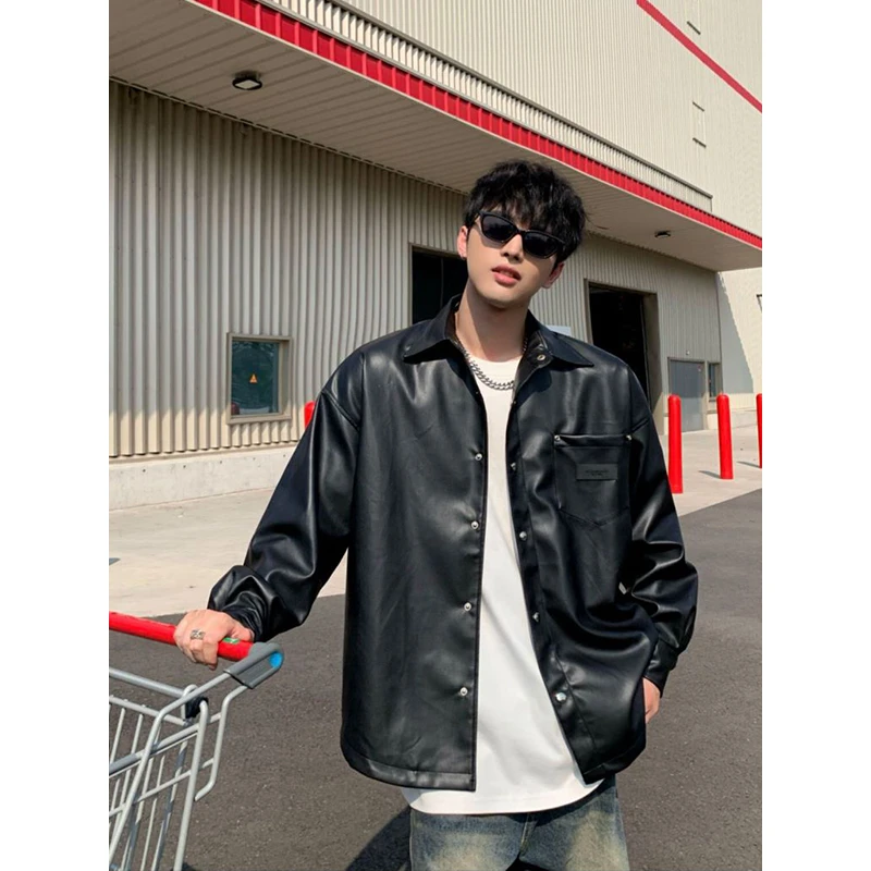 MIDASHAND 【24秋冬】美式复古黑标皮夹克宽松百搭休闲皮衣外套男女